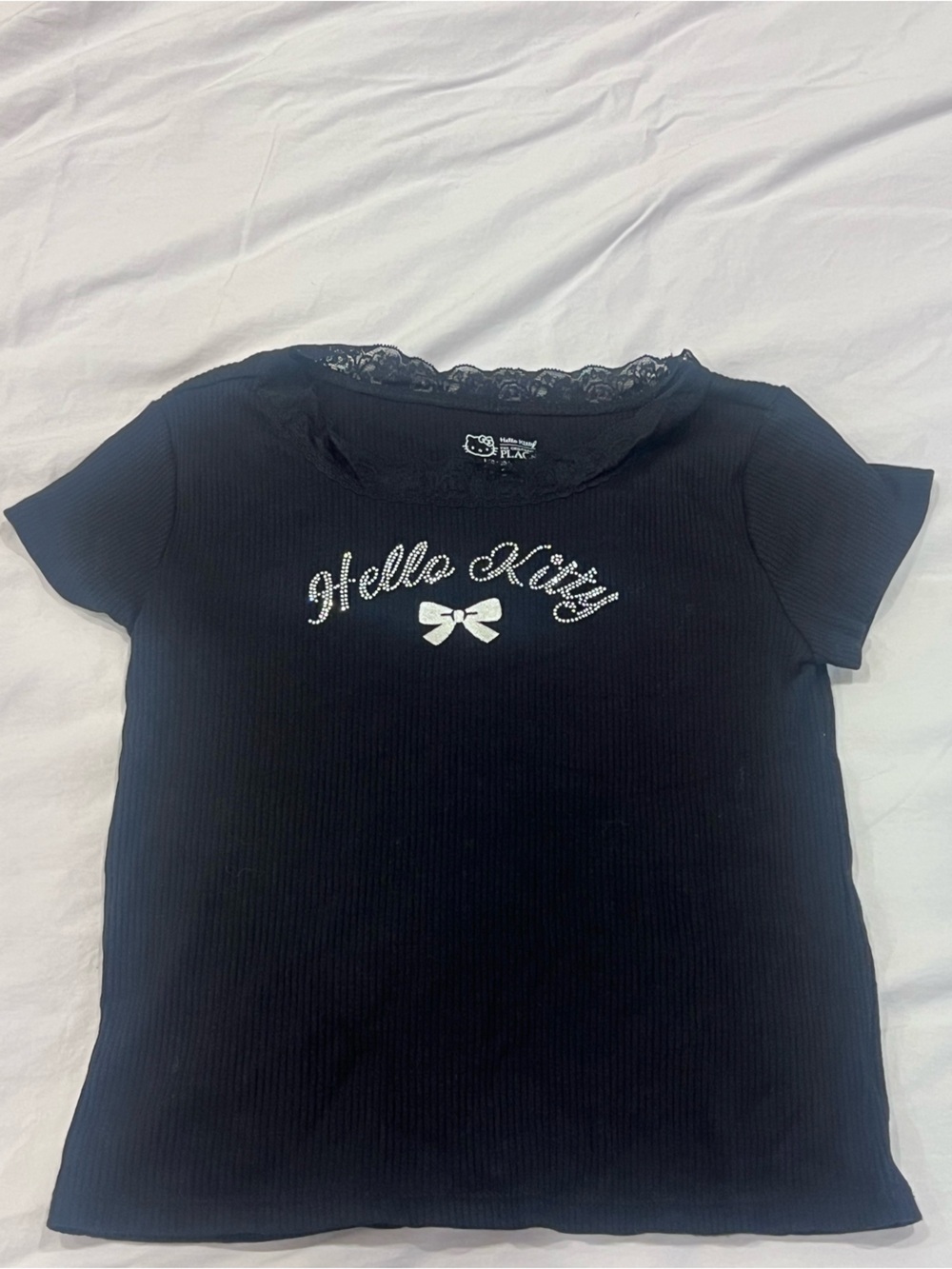 Hello Kitty Black Ribbed Tee with Lace Trim and Bow Script